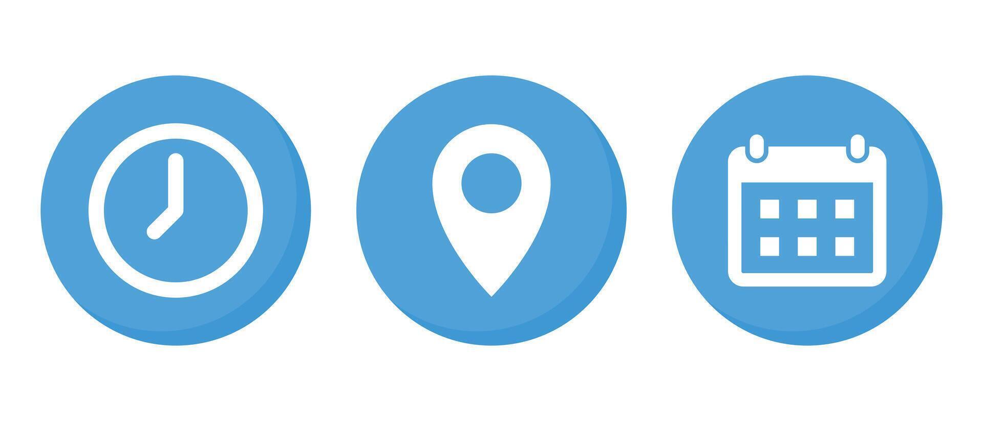 Time, address, and date icon vector in trendy style. Clock, map pin, and calendar in flat design