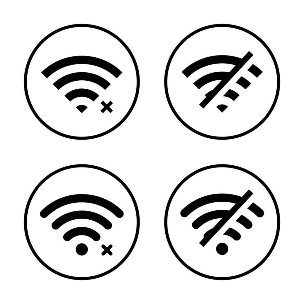 Set of disconnect wifi icon vector on circle line. Disconnected, lost wireless connection sign symbol