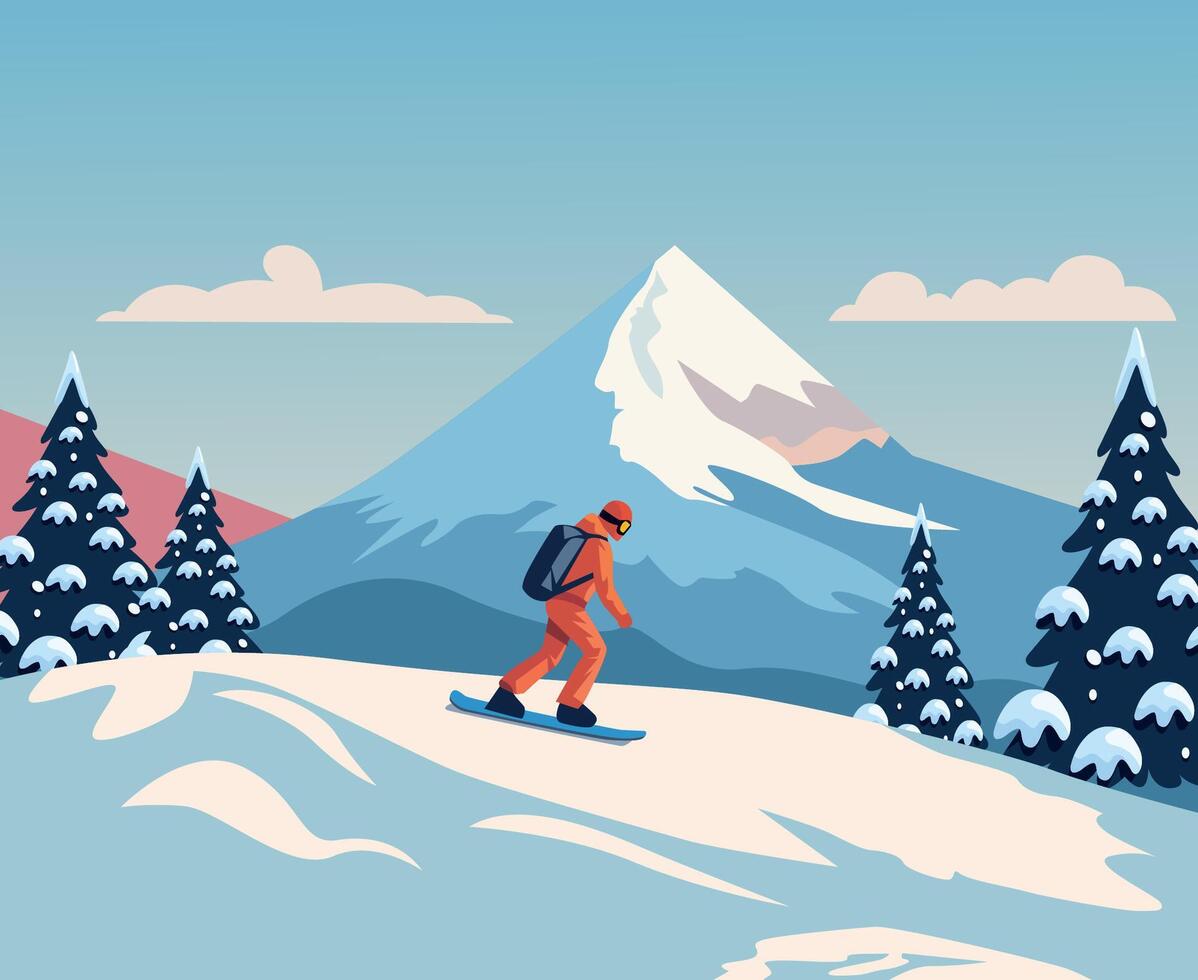 snowboarding in the mountains flat landscape design vector