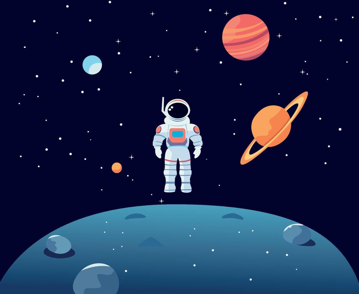 dibujos animados astronauta en espacio vector paisaje