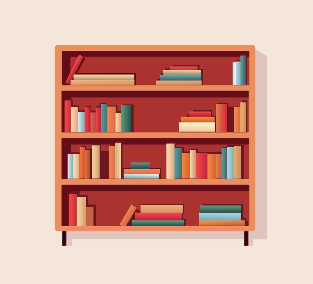 book wooden shelf with books flat illustration vector