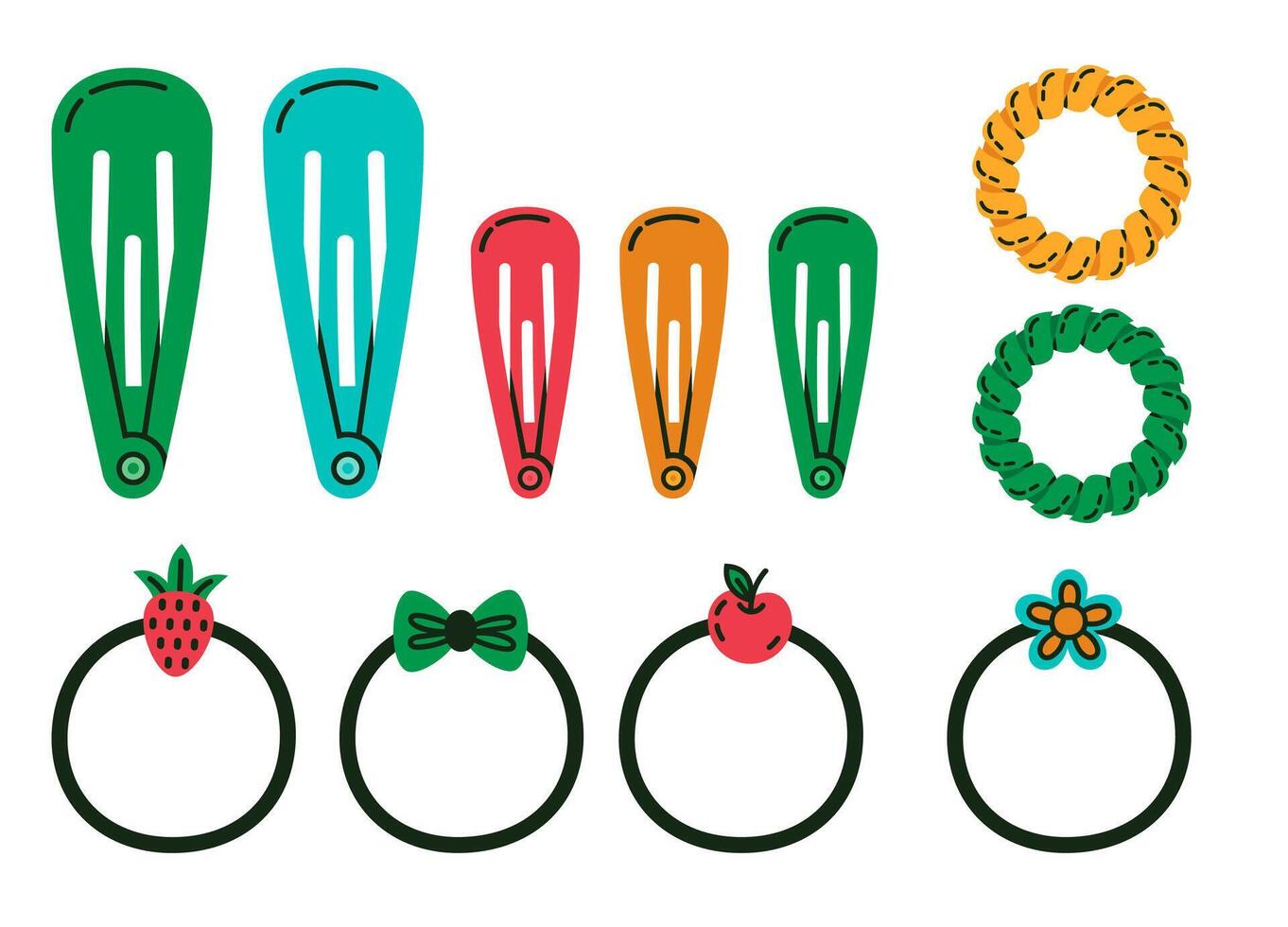 Cartoon hair accessories. Hand drawn female hair scrunchies, hair ties, bobby pins and elastic bands flat vector illustration collection