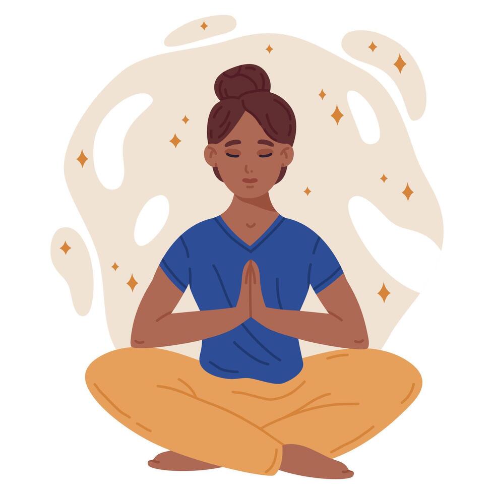 dibujos animados meditando hembra personaje. mujer sentado en yoga loto pose, tranquilo humano meditación. estrés alivio y meditación plano vector ilustración