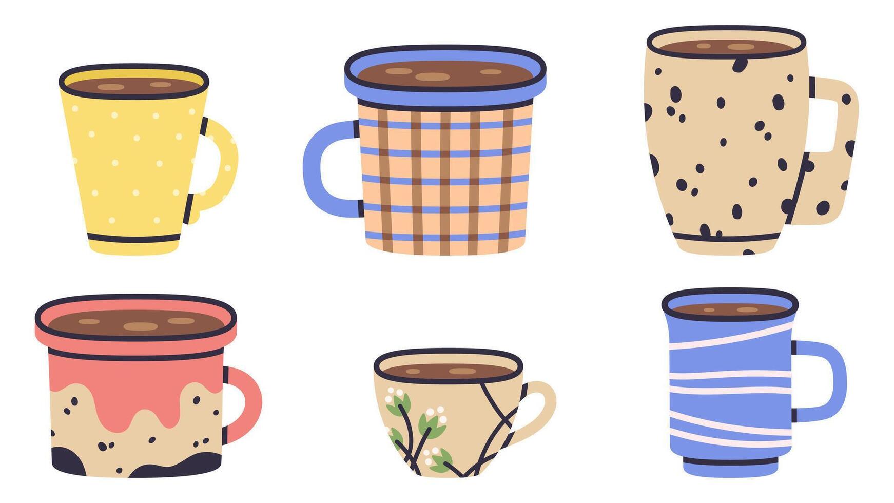 caliente café o té cerámico tazas. mano dibujado caliente bebidas, decorado porcelana tazas, garabatear invierno calentamiento bebidas tazas vector plano ilustración conjunto