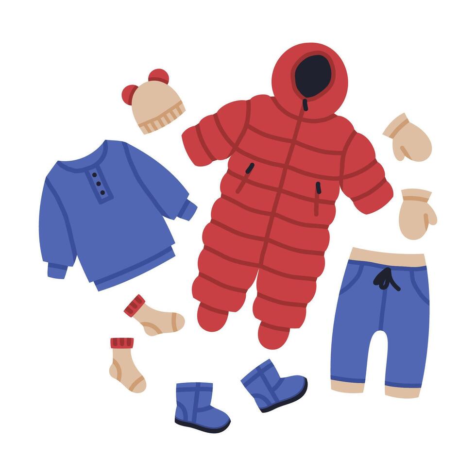Baby winter outfit. Doodle kids modern clothing outfit, toddler, newborn child garments vector nursery illustration. Cartoon children fashion clothing look