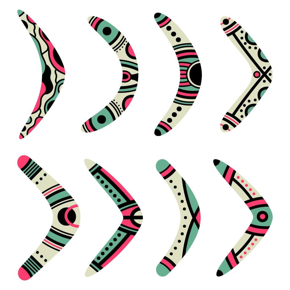 Cartoon australian boomerangs. Aboriginal curved wooden traditional boomerang souvenir, australian native hunting weapon flat vector illustration set on white background