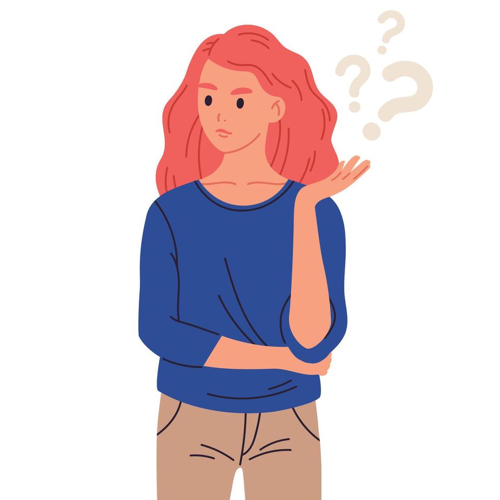 Doubting woman. Thoughtful girl, pensive, thinking or making decision young female character flat cartoon vector illustration on white background