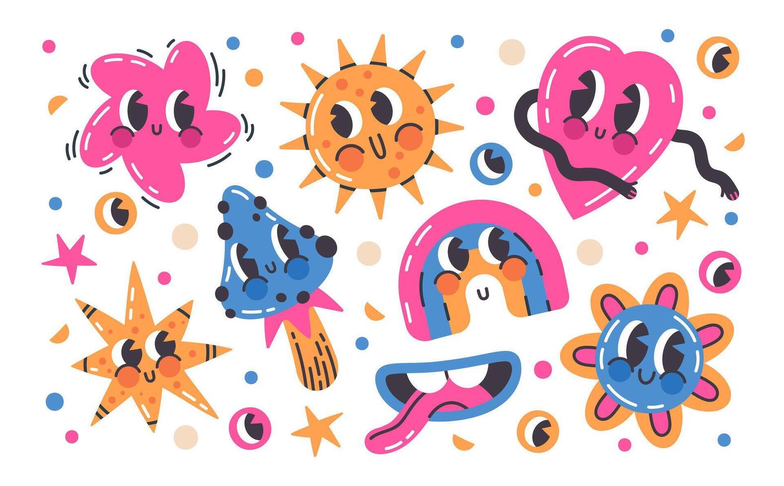 Abstract comic emoji characters. Cartoon cute doodle elements, heart, star and mushroom emoji vector illustration set. Bright hand drawn mascots