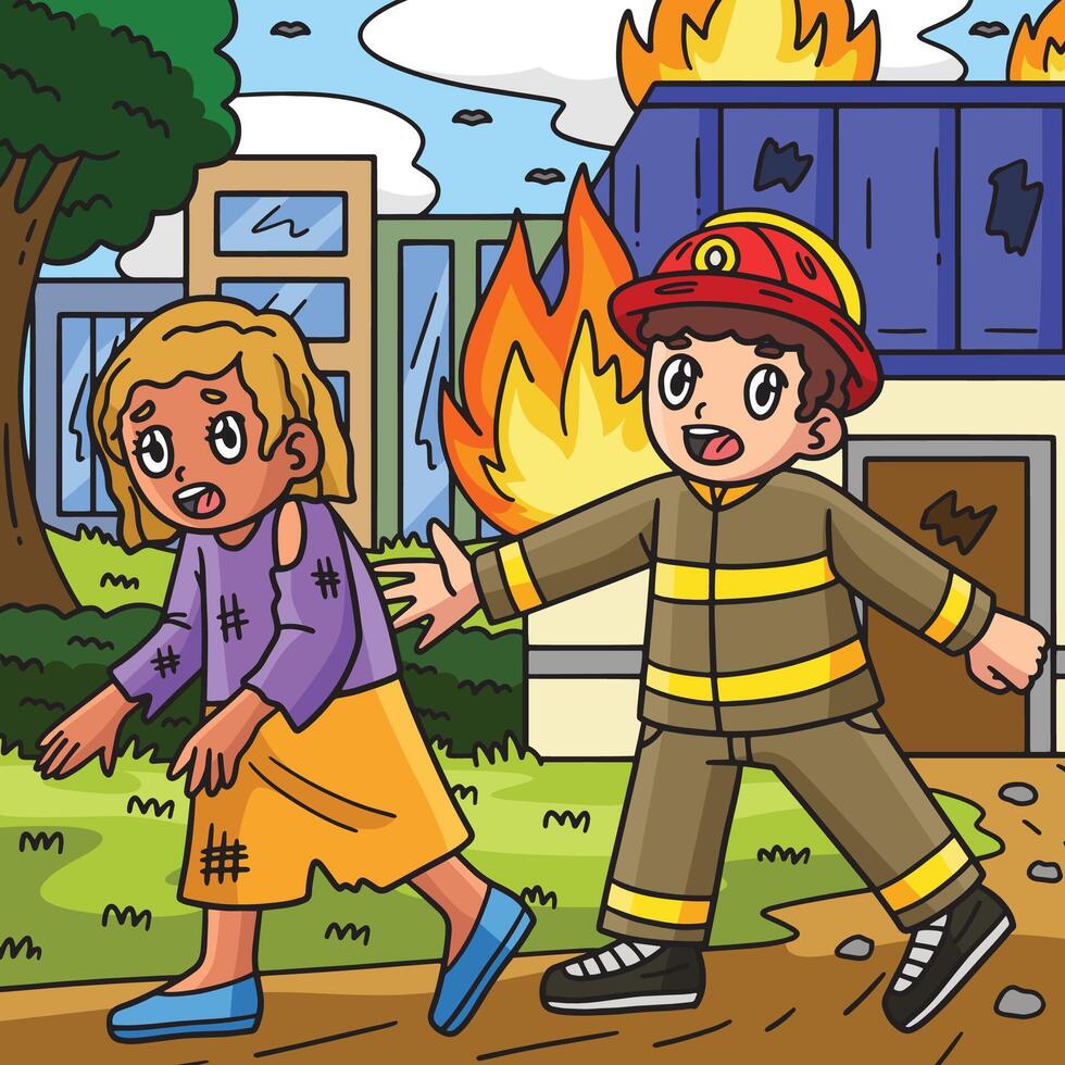 Firefighter Escorting a Survivor Colored Cartoon vector