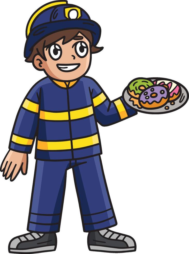 Firefighter with a Donut Cartoon Colored Clipart vector