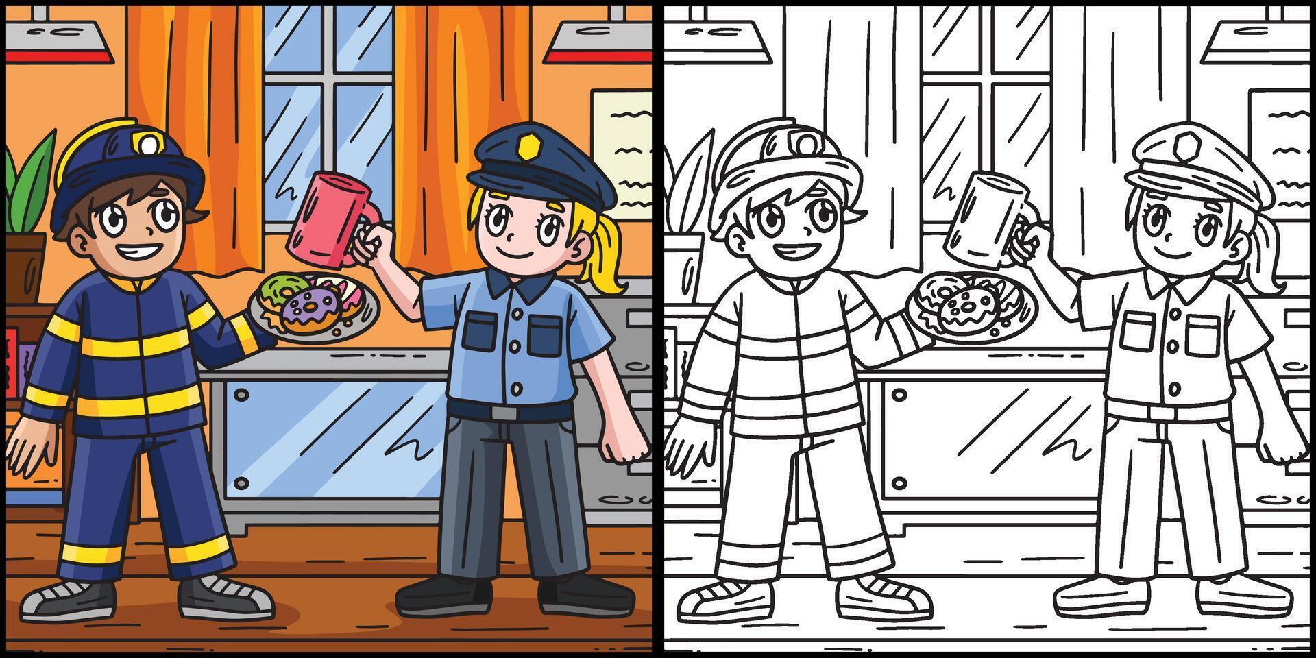 bombero y mujer policía colorante ilustración vector