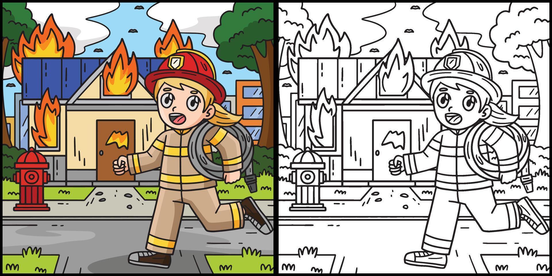 bombero y edificio en fuego ilustración vector