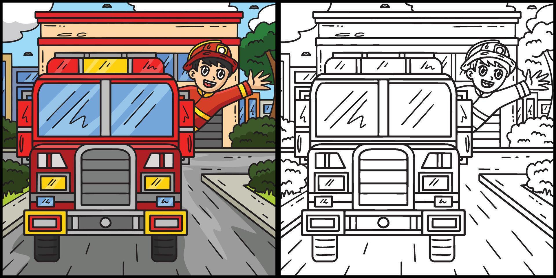 Firefighter Waving from Fire Truck Illustration vector