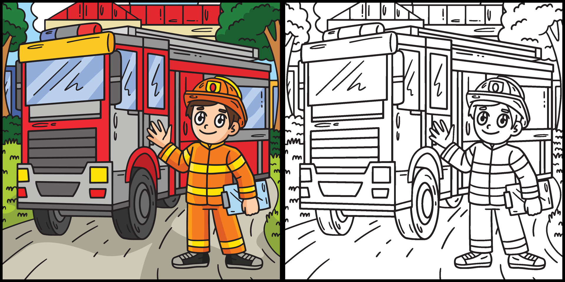 Firefighter and fire truck coloring illustration