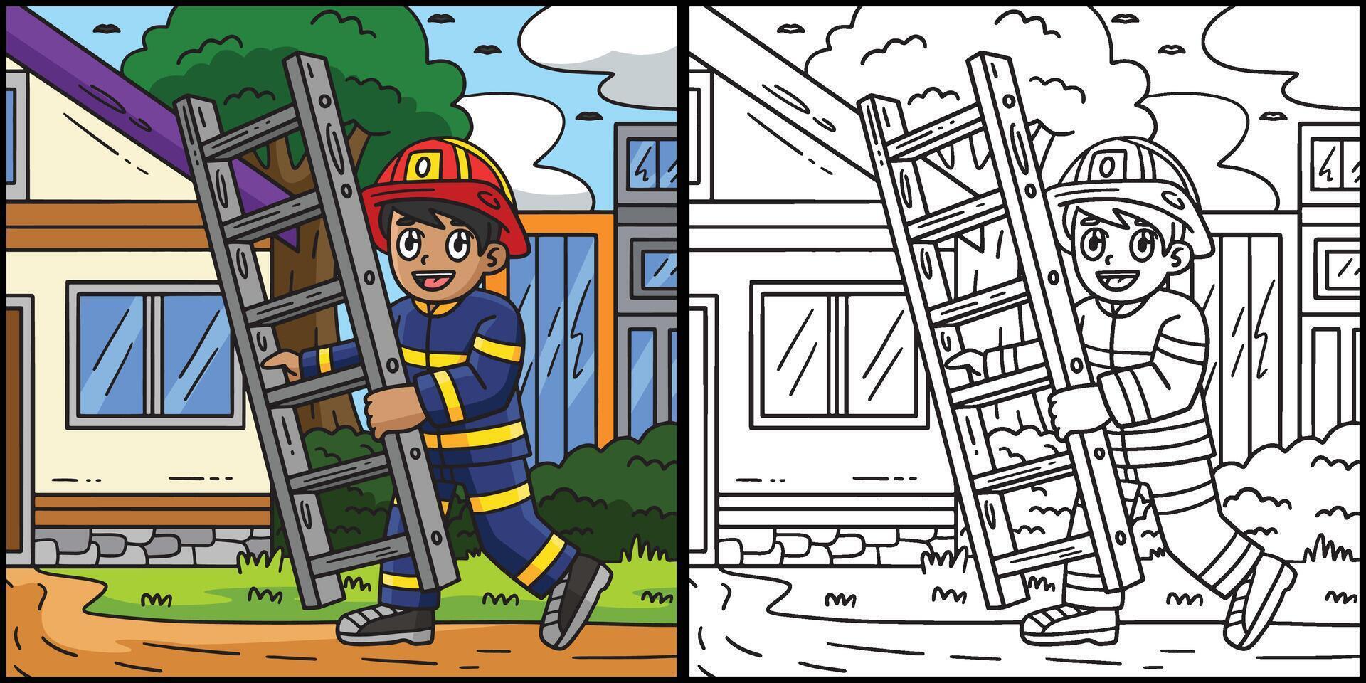 bombero con un escalera colorante ilustración vector
