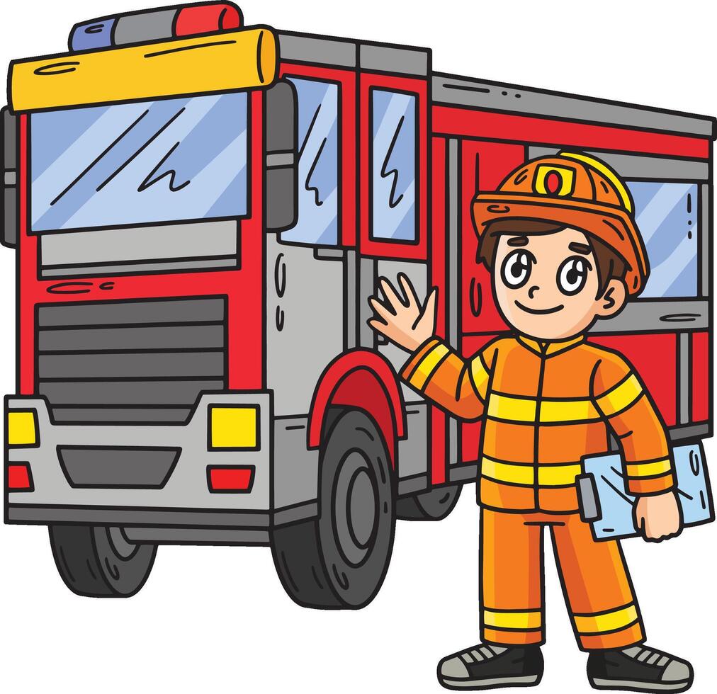 Firefighter and Fire Truck Cartoon Colored Clipart vector