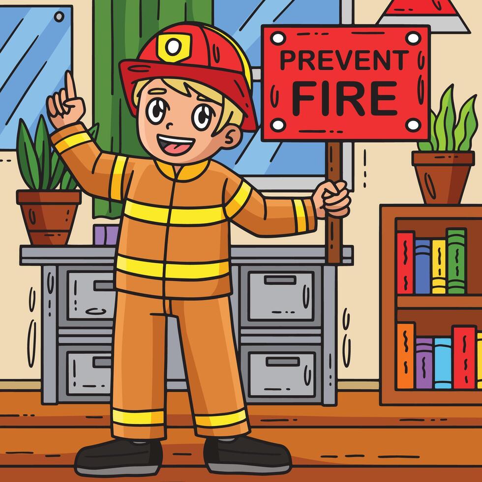 Firefighter Holding Reminder Colored Cartoon vector