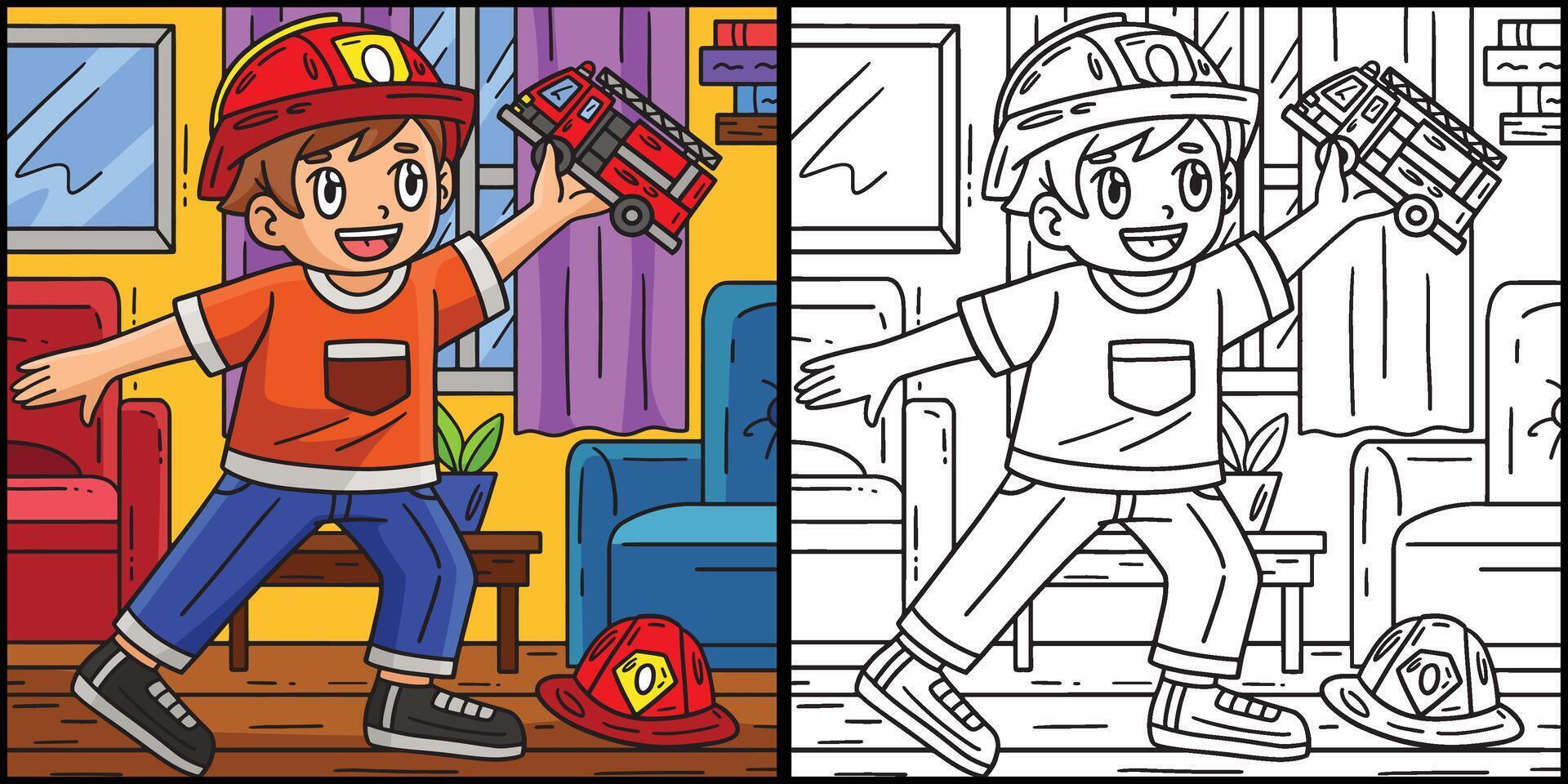 niño con bombero camión juguete ilustración vector