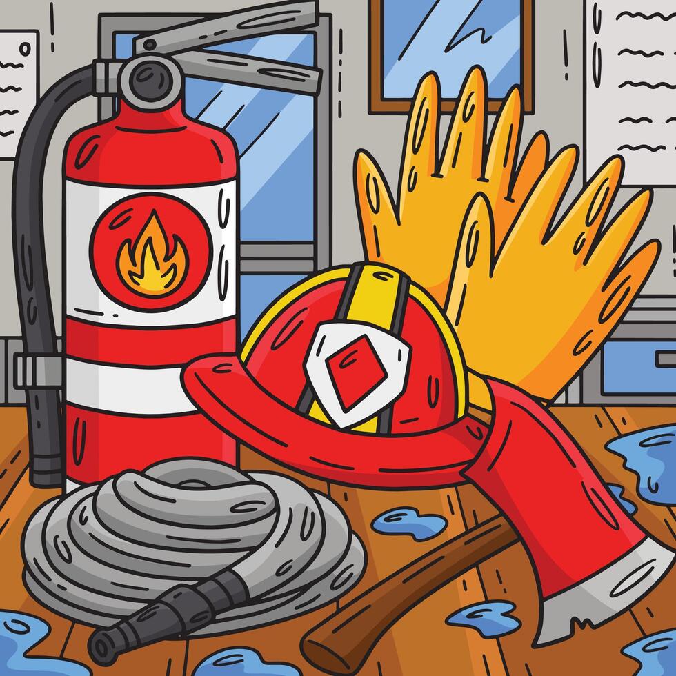 Firefighting Tools Colored Cartoon Illustration vector