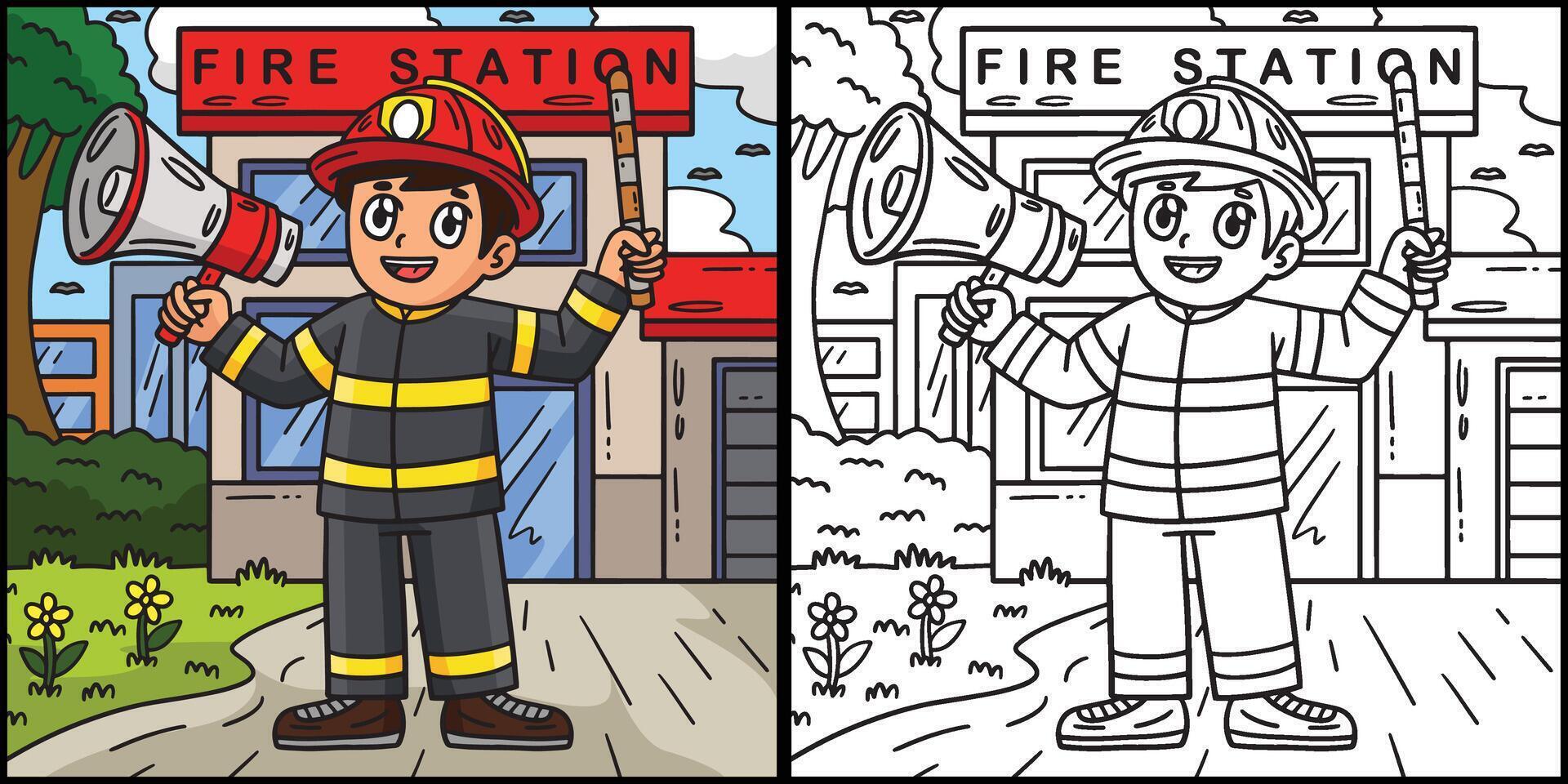 Firefighter with Megaphone Coloring Illustration vector