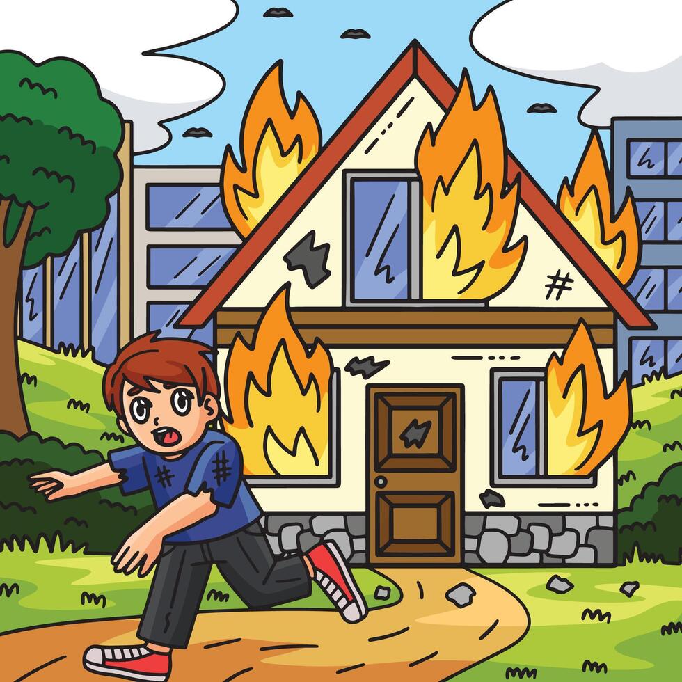 Firefighter Civilian Burning House Colored Cartoon vector