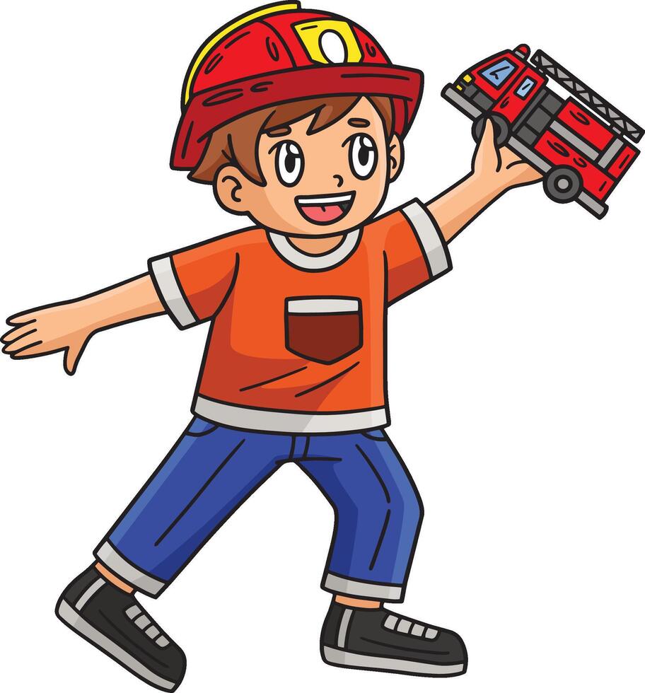 niño con bombero camión juguete dibujos animados clipart vector