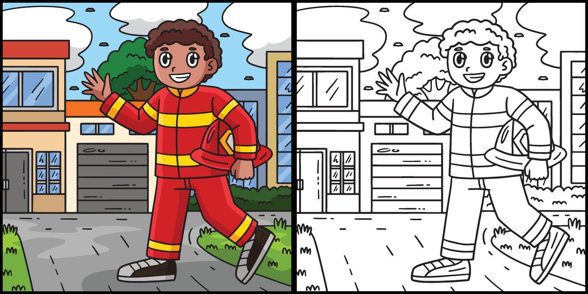 Firefighter Holding Hard Hat Coloring Illustration vector