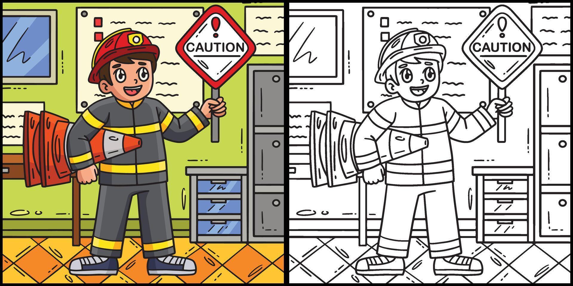Firefighter with Safety Sign Coloring Illustration vector