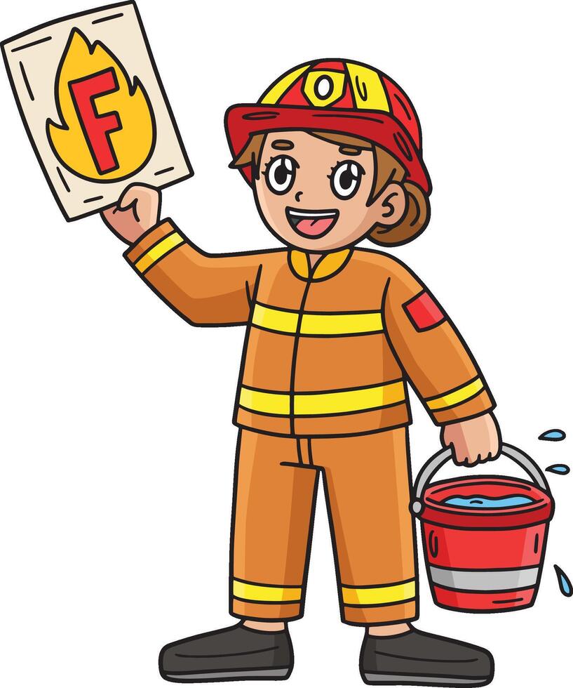 Firefighter with Letter F Cartoon Colored Clipart vector