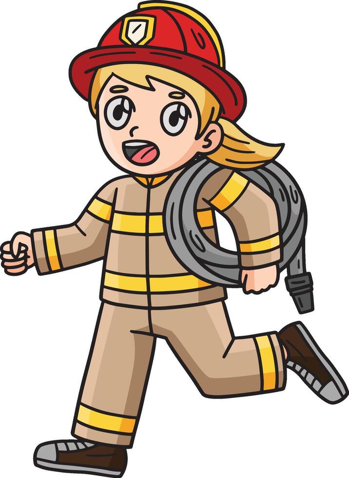 Firefighter Carrying a Water Hose Cartoon Clipart vector
