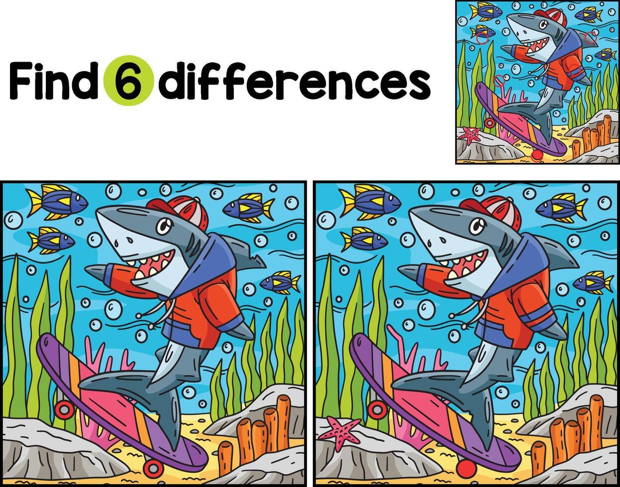 Shark Skateboarding Find The Differences vector