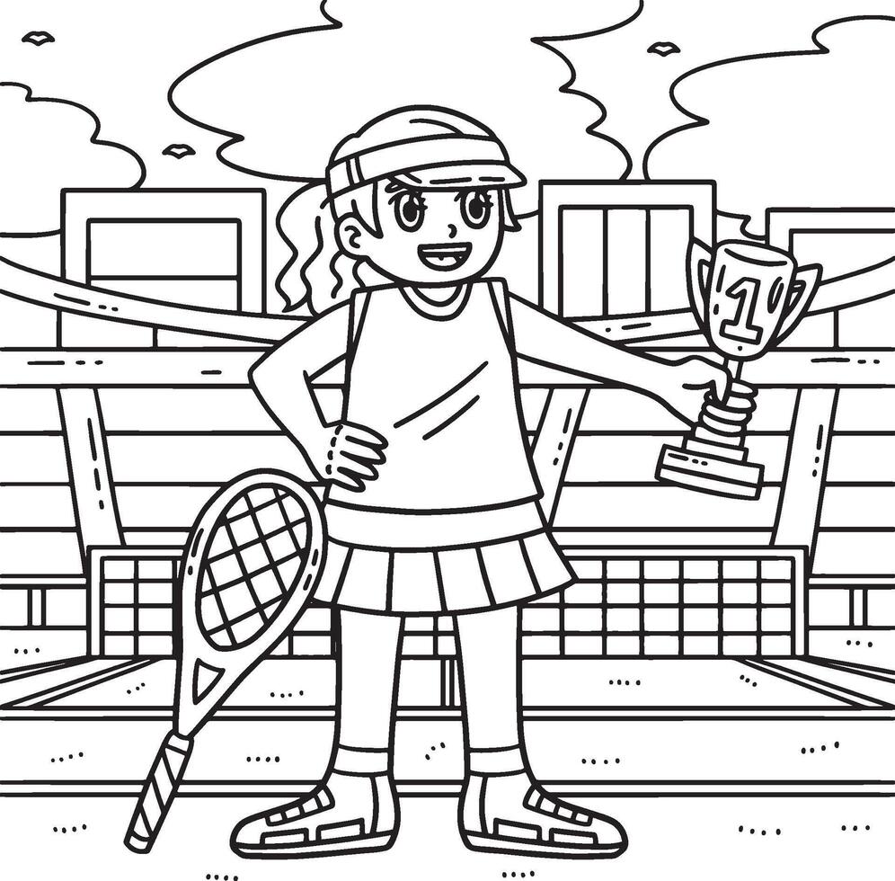 Tennis Female Player with Trophy Coloring Page vector