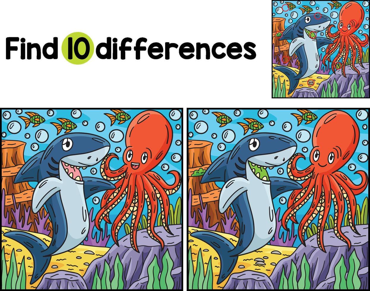 Shark and Octopus Find The Differences vector