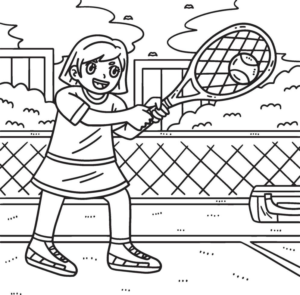 Tennis Female Player Hitting a Ball Coloring Page vector