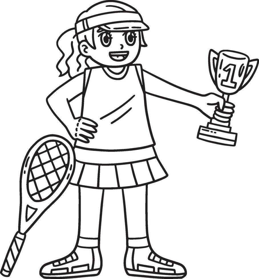 tenis hembra jugador con trofeo aislado colorante vector