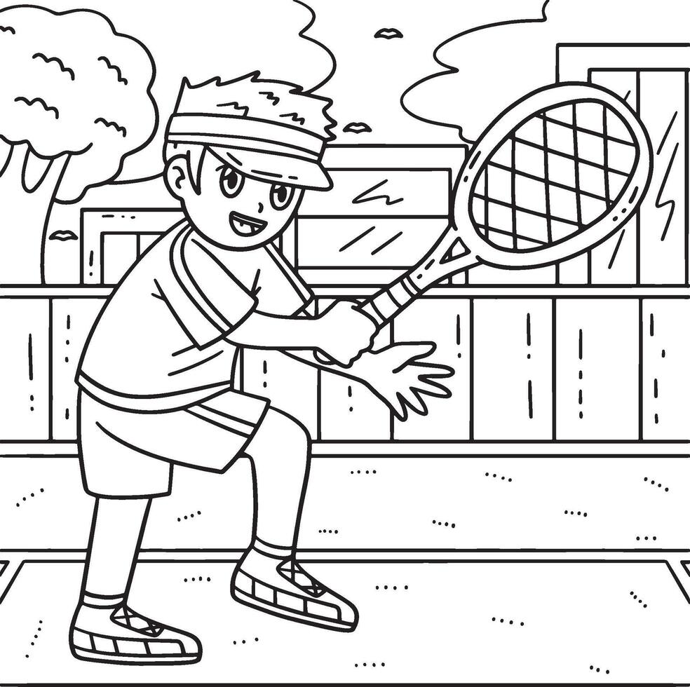 Tennis Boy Ready to Hit Tennis Ball Coloring Page vector