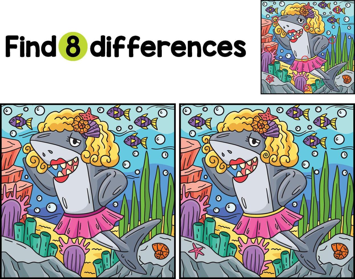 Shark Wearing Wig and Skirt Find The Differences vector