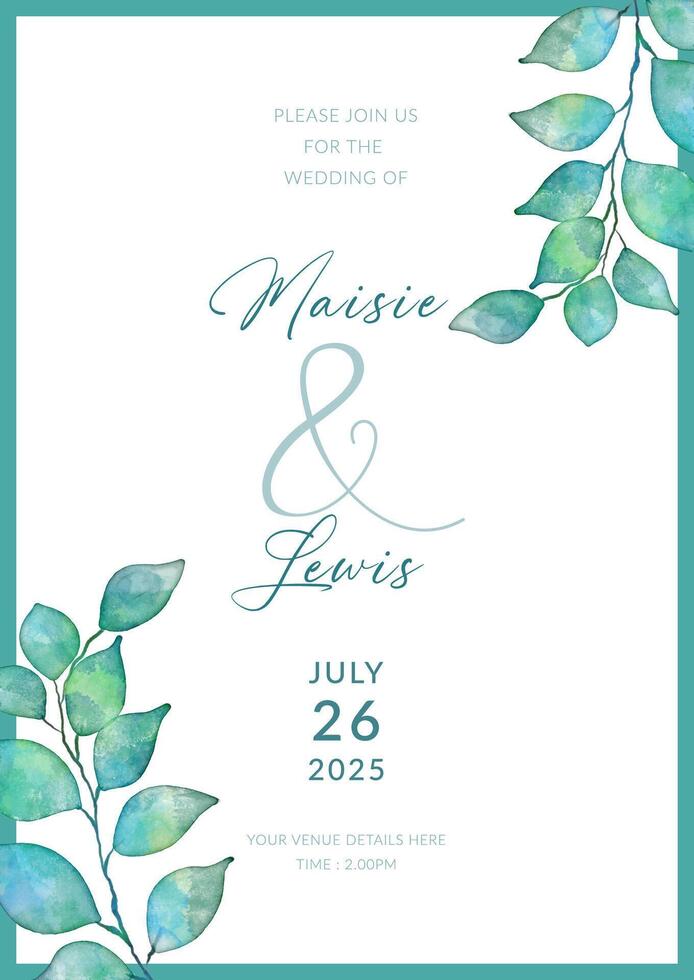 Elegant wedding invitation with hand painted leaves design vector