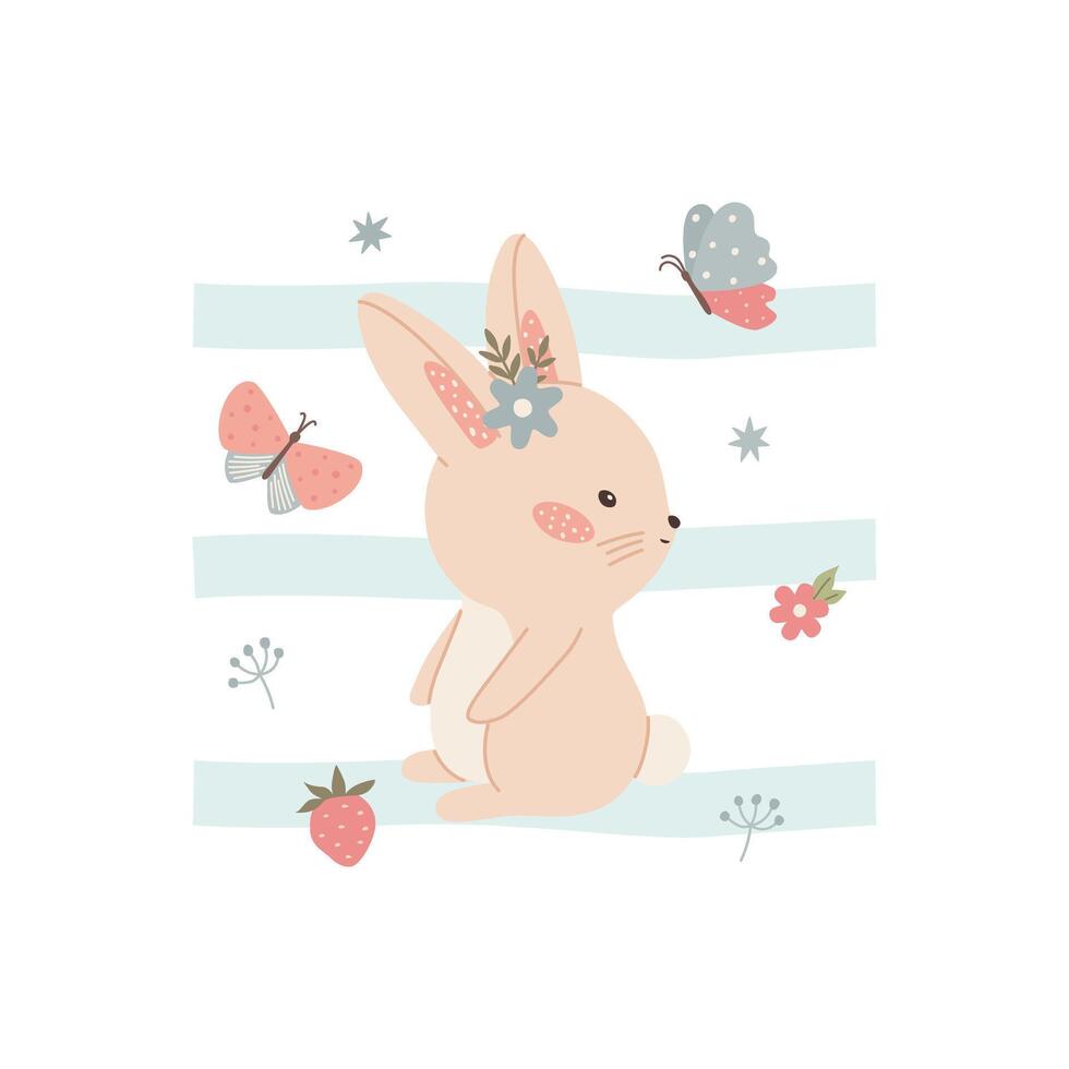 Cute bunny with flowers butterfly stripes. Childish little baby rabbit for design and kids print on t-shirt. Simple isolated vector illustration.