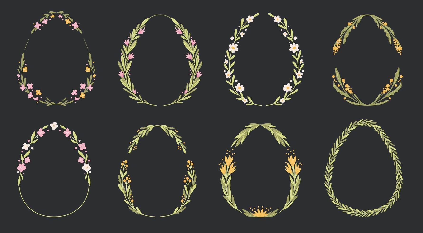 Set Of Easter Egg Shape Floral Wreath. Spring Flowers Oval Frame vector