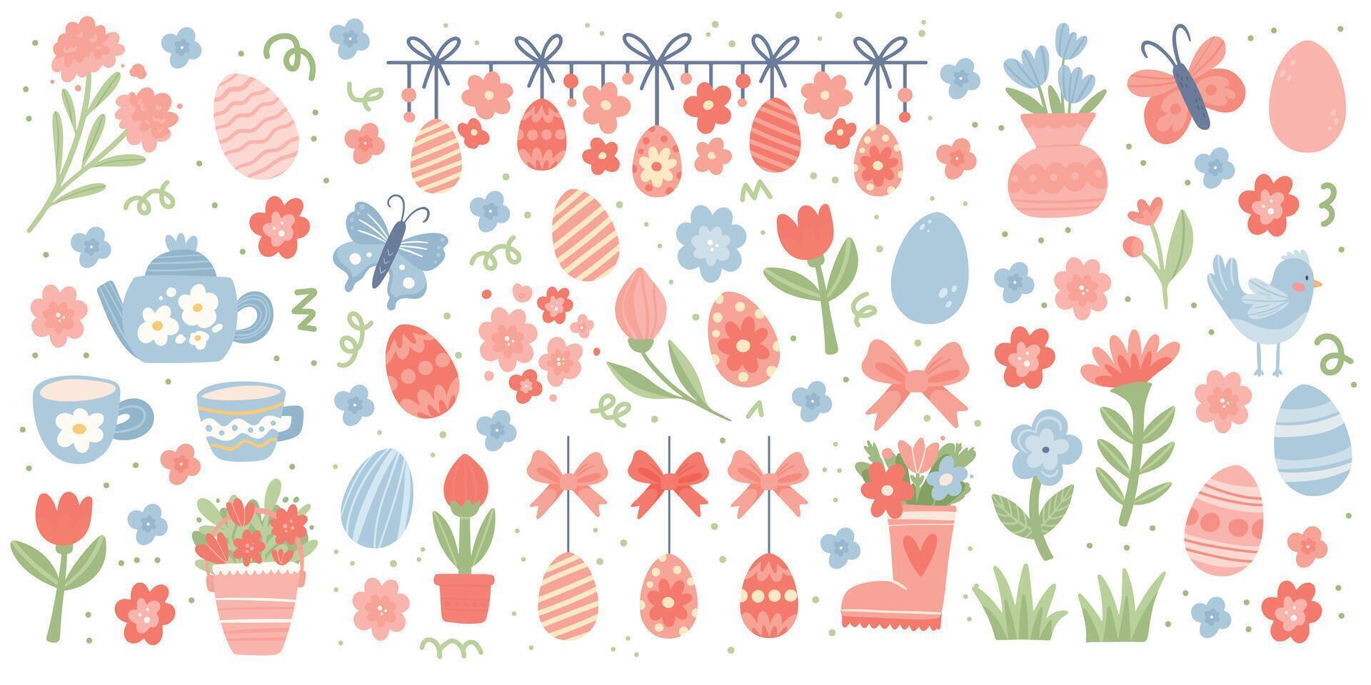 Set of Happy Easter elements. Cute Hand Drawn Eggs, Flowers, Garland and other. Spring Aesthetic Stickers vector