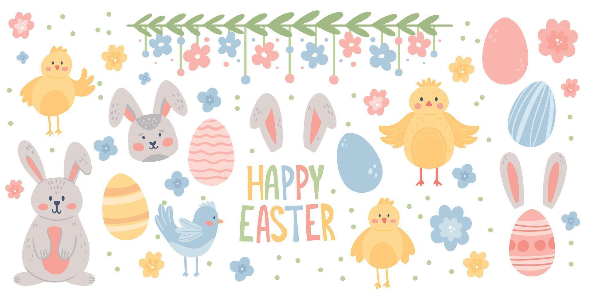 Set of Happy Easter elements. Cute Hand Drawn Eggs, Bunny, Chicken and other. Spring Aesthetic Stickers vector