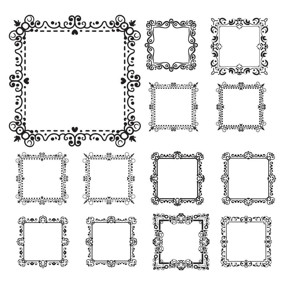 Rectangular frame set with decorative corner. Design border line black on white background. vector