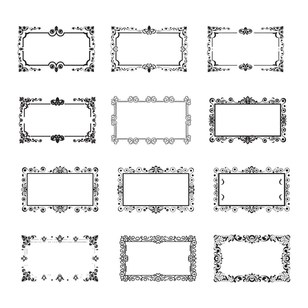 Rectangular frame set with decorative corner. Design border line black on white background. vector