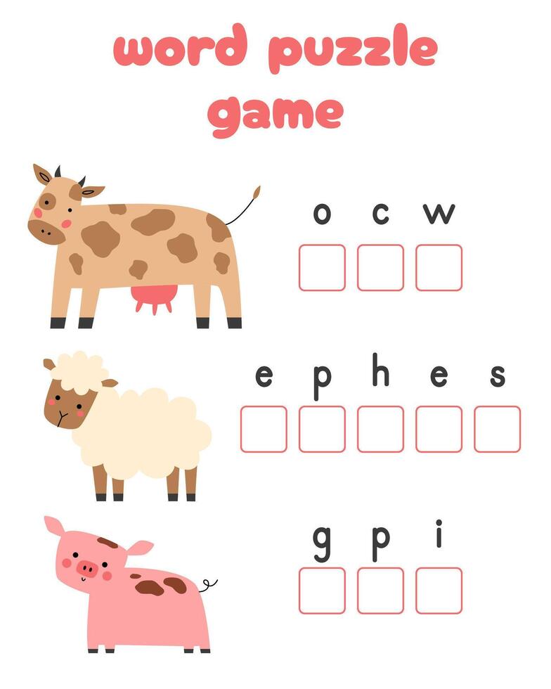 Words puzzle children educational game. Place the letters farm animals in right order. Vector cartoon illustration.