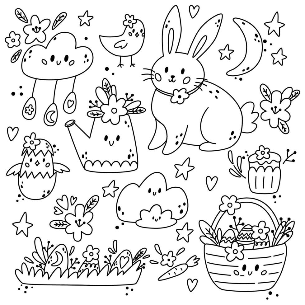 Easter line set with bunny, basket, flowers, eggs, chick and design elements. Easter illustration with festive animals in boho style. Ideal for kids room decoration, clothing, prints. vector
