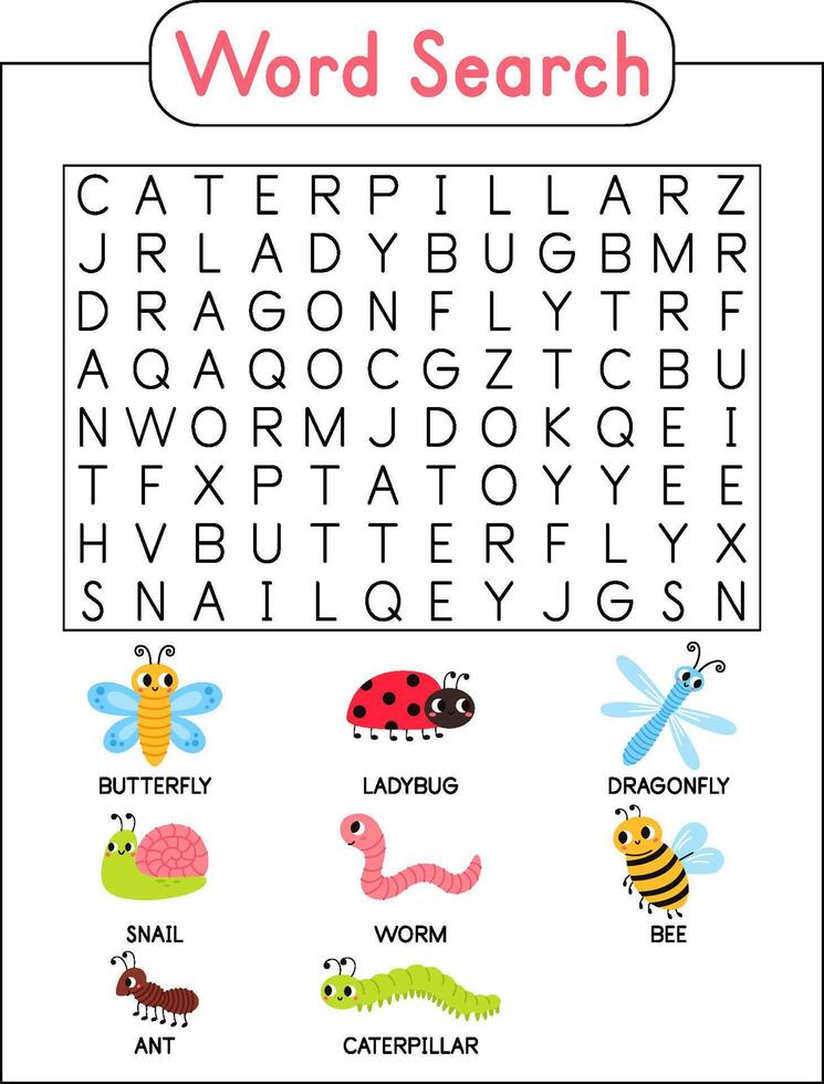 Words search puzzle game of insect bug animals for preschool kids activity worksheet colorful printable version. Vector cartoon Illustration.