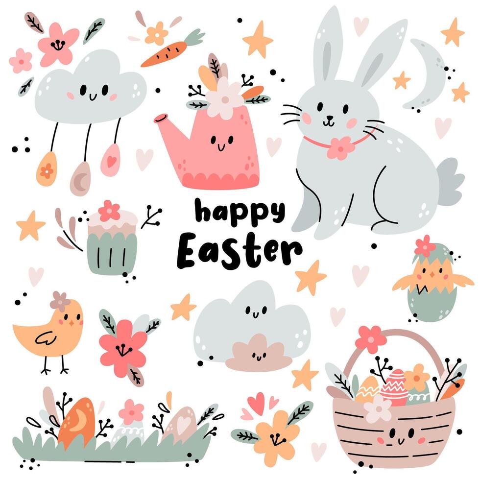 Easter set with bunny, basket, flowers, eggs, chick and design elements. Easter illustration with festive animals in boho style. Ideal for kids room decoration, clothing, prints. vector