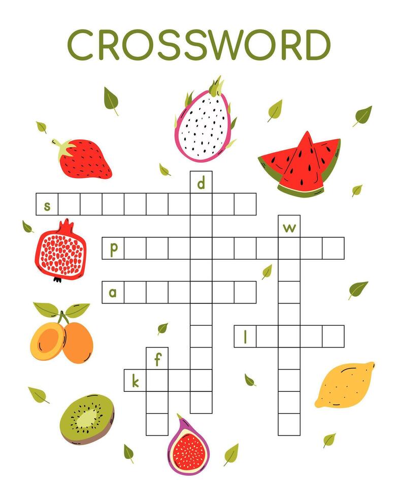 Crossword puzzle game of cute fruits. Printable worksheet with solution for school and preschool. Vector cartoon Illustration for children.