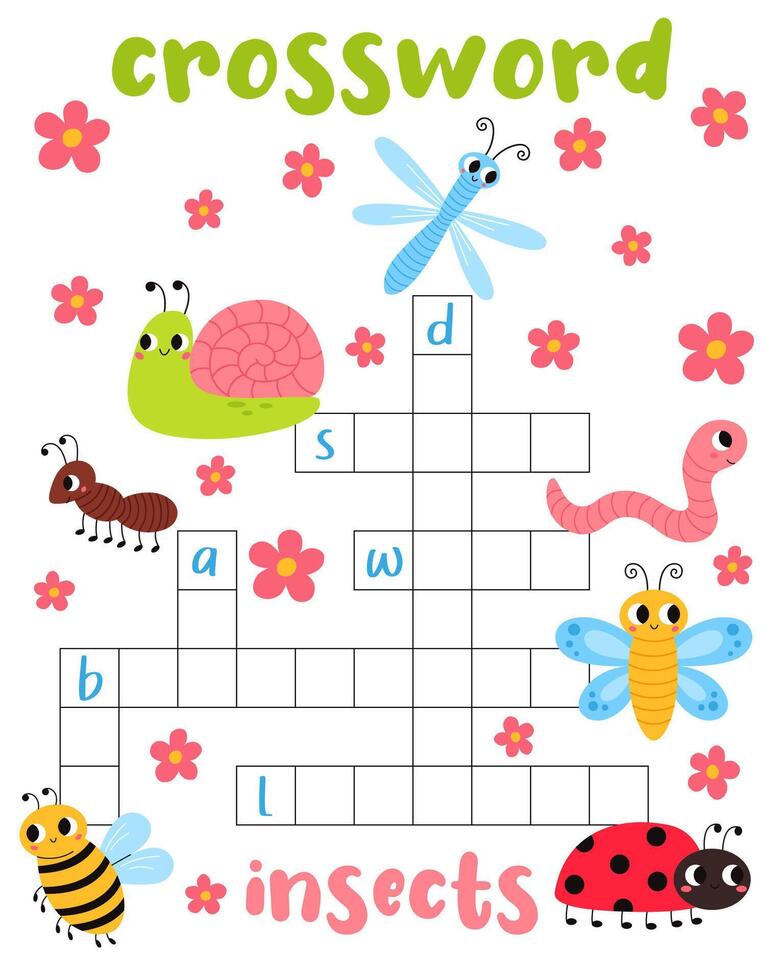 Crossword puzzle game of insects. Printable worksheet with solution for school and preschool. Vector cartoon Illustration for children.